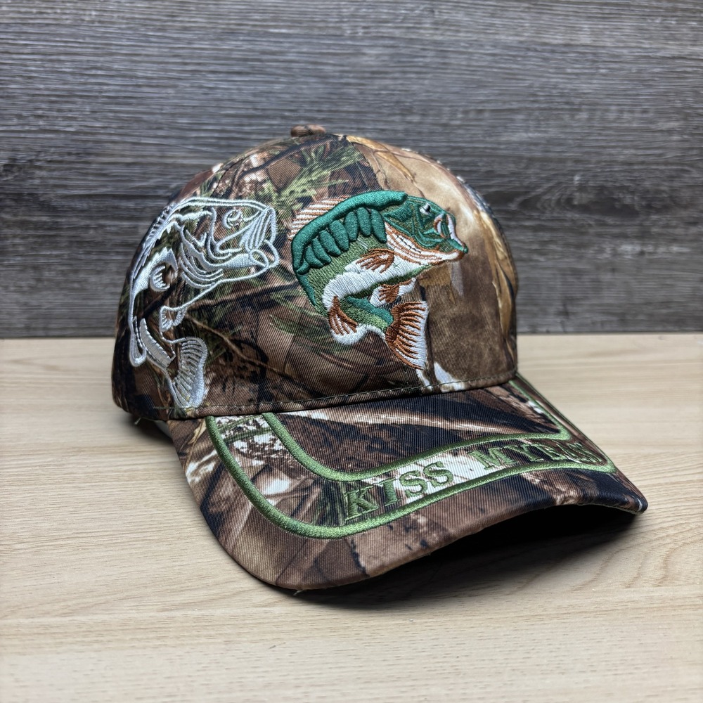 KISS MY BASS Hat Cap Snap Back Camo Green Logo Fishing Outdoors Mens